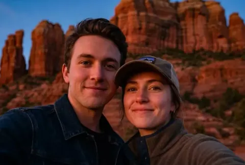 Before: a couple's selfie at sunset in front of red rock formations