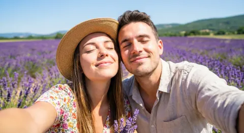 Before: a couple’s selfie in a lavender field