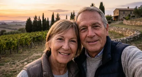 Before: an older couple’s selfie in front of a vineyard at sunset