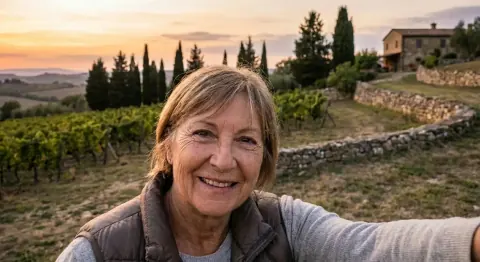 After: the same vineyard selfie with only the woman