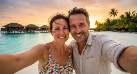 Before: a couple’s selfie on a tropical beach with overwater bungalows