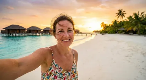 After: the same beach selfie with only the woman