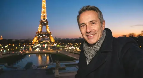 After: the same Eiffel Tower selfie with only the man