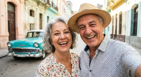 Before: an older couple on a colorful street beside a vintage turquoise car