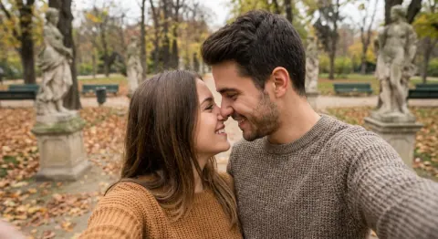 Before: a couple’s cheek-to-cheek selfie in a park with statues