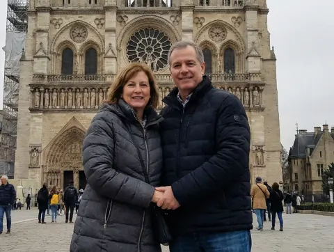 Before: a couple holding hands in front of a cathedral